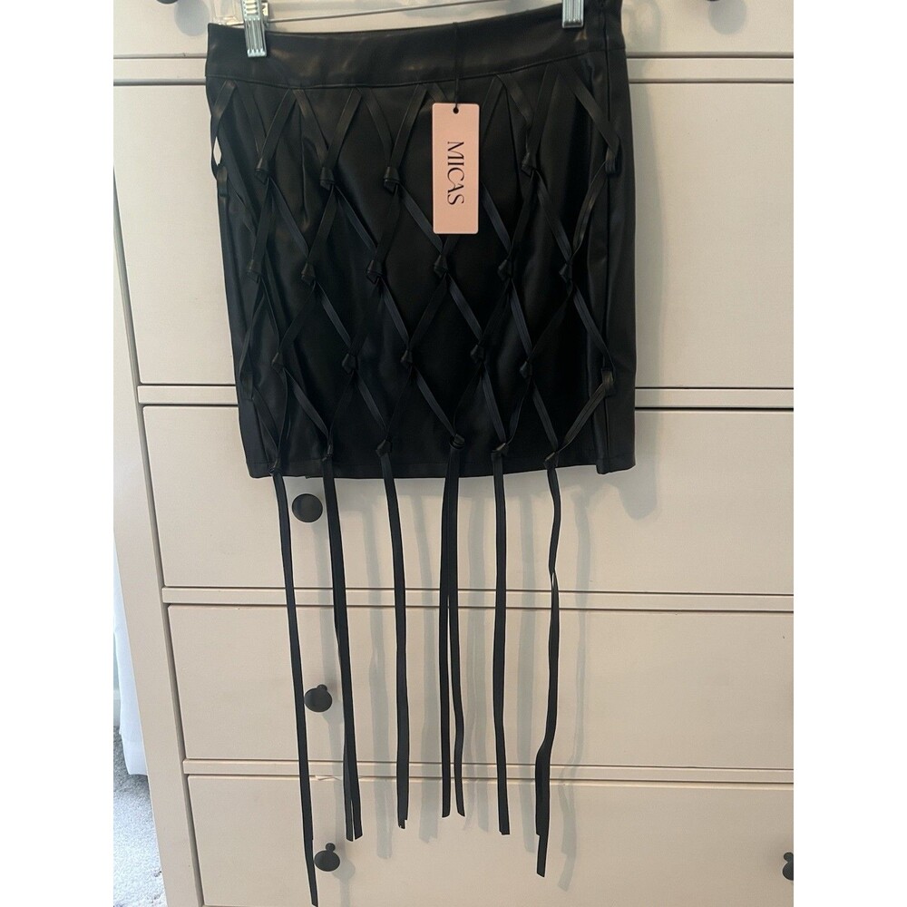 Micas Macrame Fringe Mini Skirt Black Faux Leather Size Small NWT Knotted Net